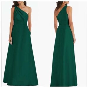 NWOT Alfred Sung Satin Twill One Shoulder A-line Pocket Gown
